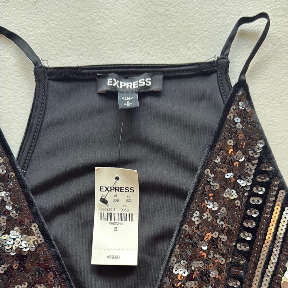 Sequin V-Neck Bodysuit in Black and Silver Timeless Chic Elegant Design Small - Picture 7 of 9